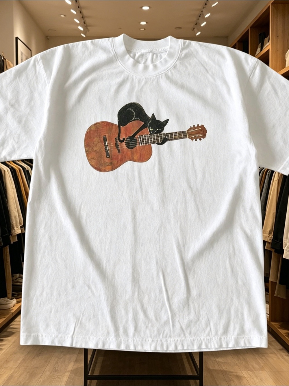Black cat guitar graphic White printed T-shirt for both men and women